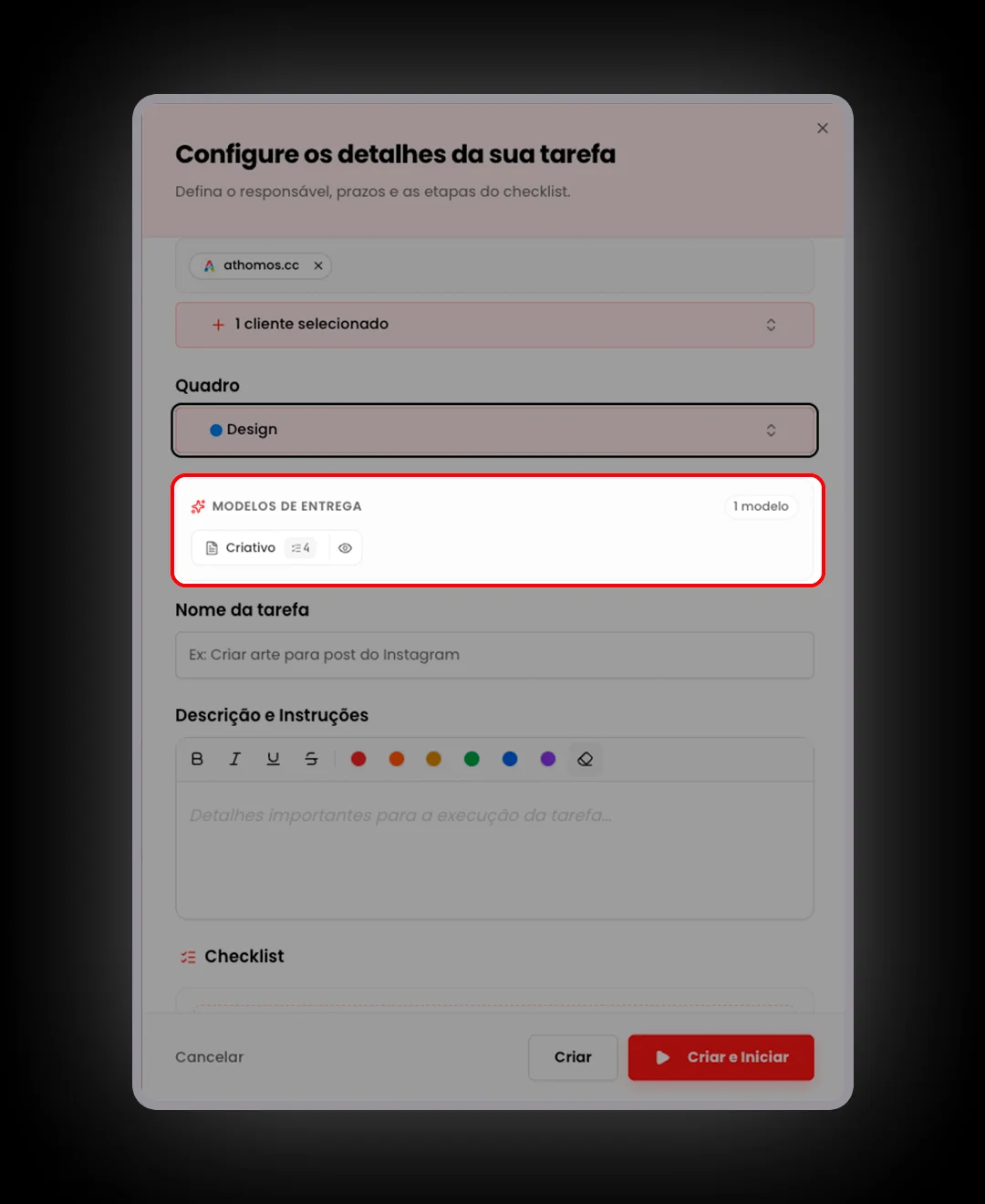 Templates de descrição de tarefas por quadro